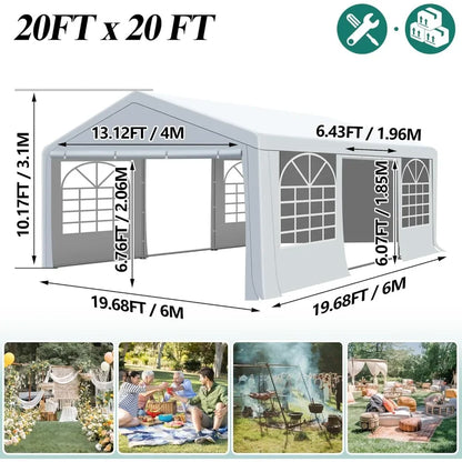 Tente et abri de fête à baldaquin de 20' x 20', tonnelle de mariage extérieure robuste avec 4 sacs de sable, auvent d'abri d'événement pour l'extérieur