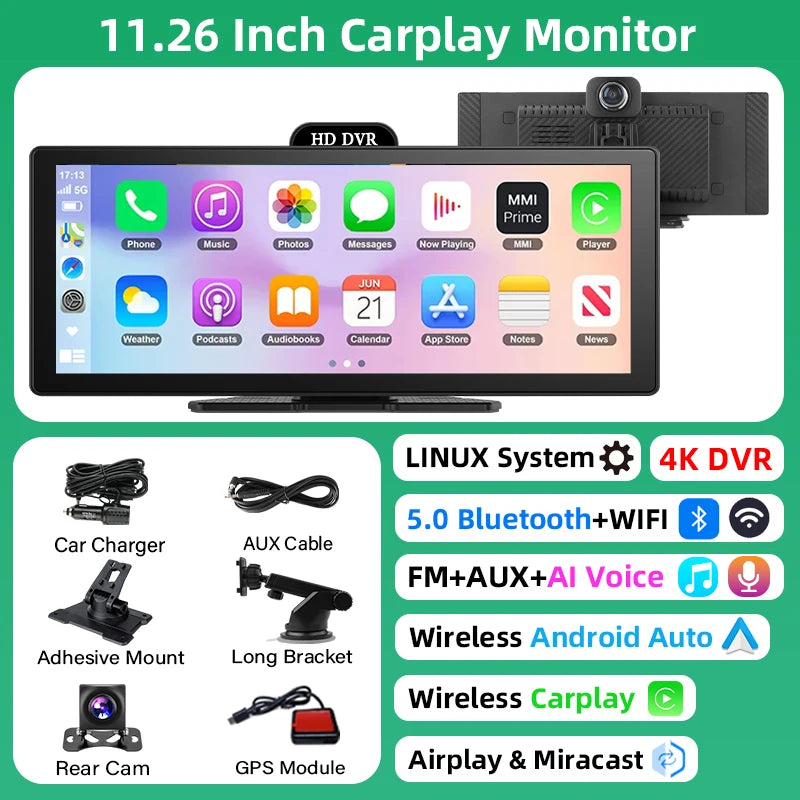Jansite Portable 11.26 inch 4K DVR Wireless CarPlay and Android Auto Dash Cam Car Screen Video Recorder 5G WIFI Navigation