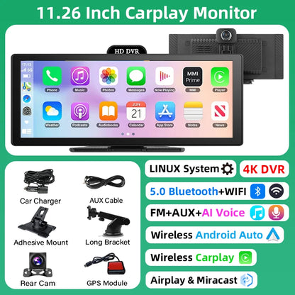 Jansite Portable 11.26 inch 4K DVR Wireless CarPlay and Android Auto Dash Cam Car Screen Video Recorder 5G WIFI Navigation