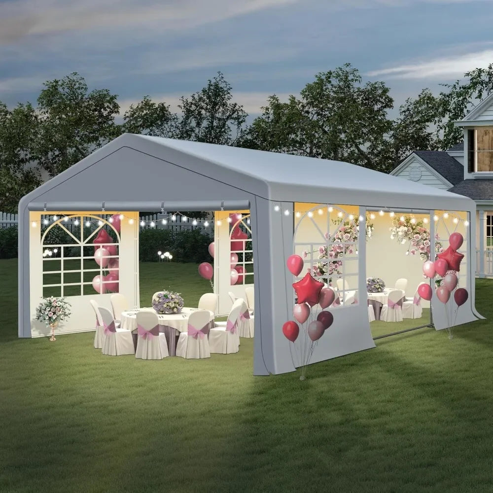 Tente et abri de fête à baldaquin de 20' x 20', tonnelle de mariage extérieure robuste avec 4 sacs de sable, auvent d'abri d'événement pour l'extérieur