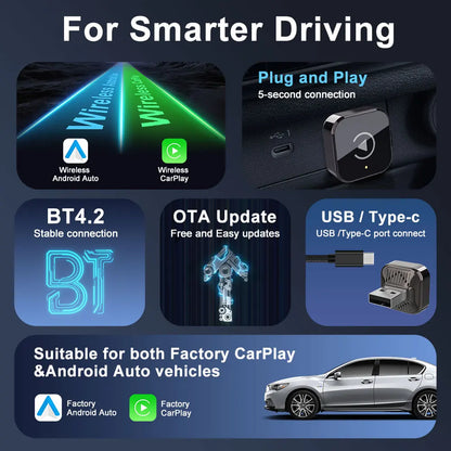 2 en 1 sans fil apple CarPlay Mini AI Box Bluetooth pour adaptateur de jeu de voiture universel Android Auto Dongle Plug & Play KowanKit 2026
