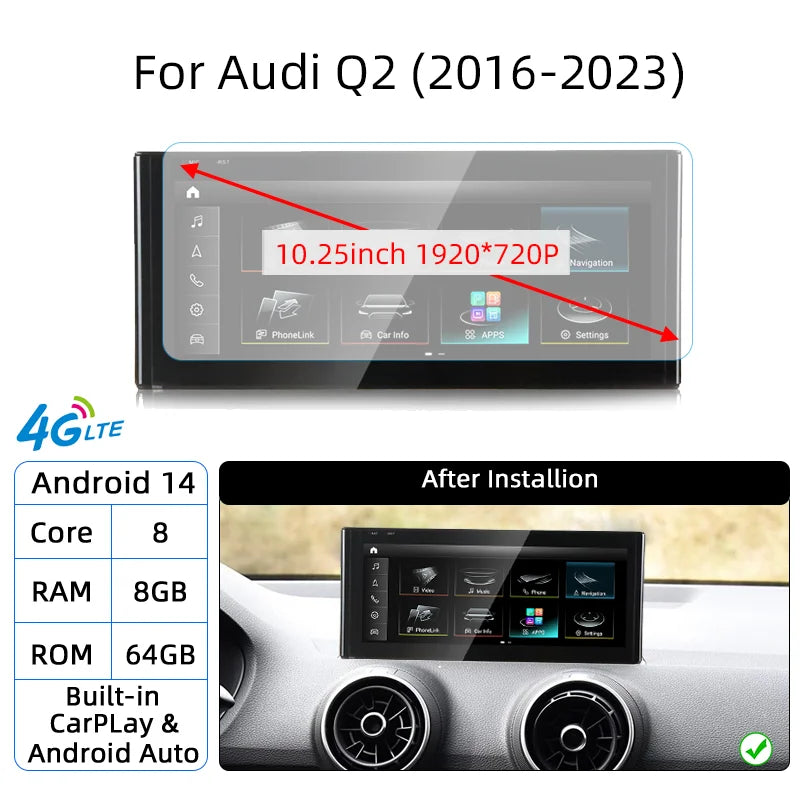 Android 14 Auto Radio CarPlay pour Audi A1 Q2 2010-2023 GPS voiture lecteur multimédia Navi stéréo DSP WIFI SIM BT IPS écran tactile