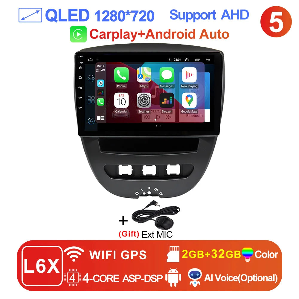 LEHX-Autoradio L6 Pro, Android 14, 2 Din, Stéréo, CarPlay, Limitation de Courant, GPS, pour Voiture KIT 107, Toyota Aygo, Cristaux en C1 (2005-2014)