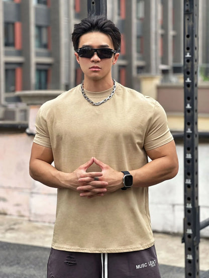 T-shirt de sport musculaire beige pour homme, manches courtes, coton élastique, fitness, basket-ball, course à pied, entraînement, gym, automne