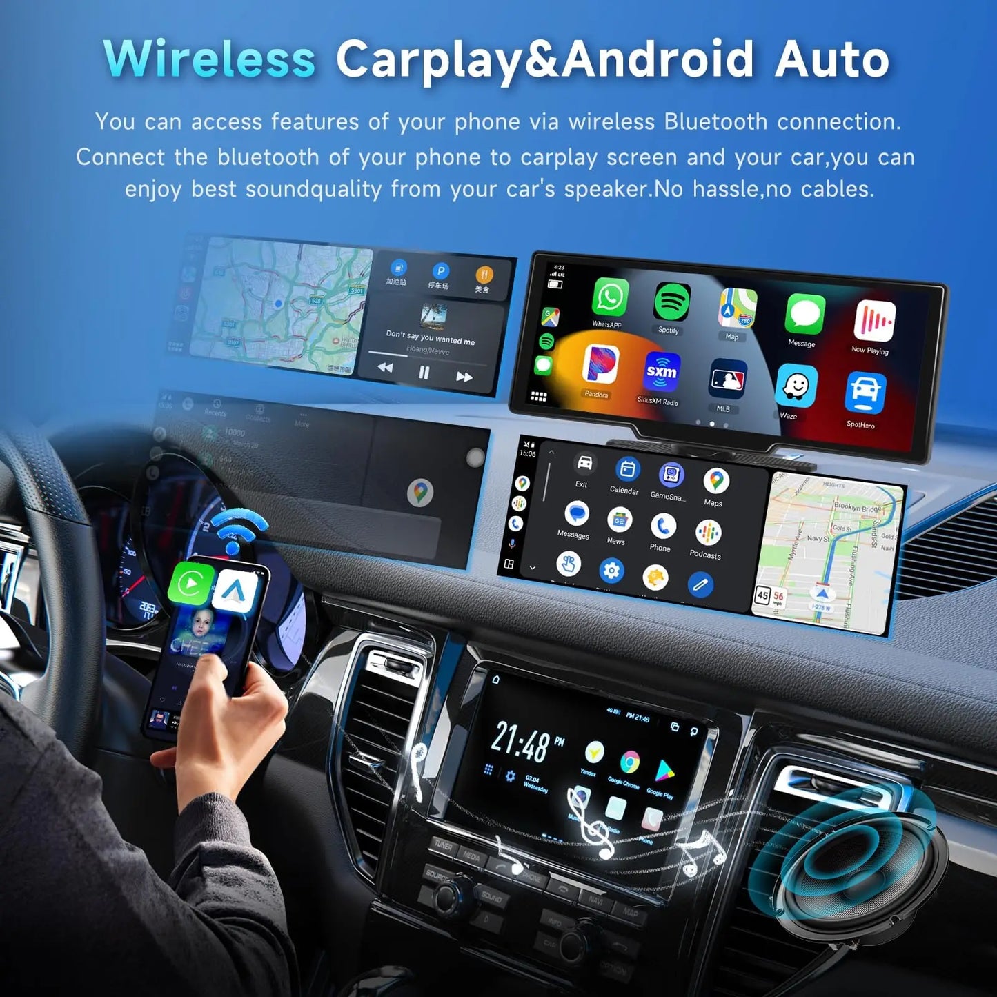 Caméra embarquée 10,26 pouces 2K, écran sans fil CarPlay et Android Auto, caméra de recul BYLITU, double objectif, DVR, WiFi, GPS, navigation, enregistreur vidéo