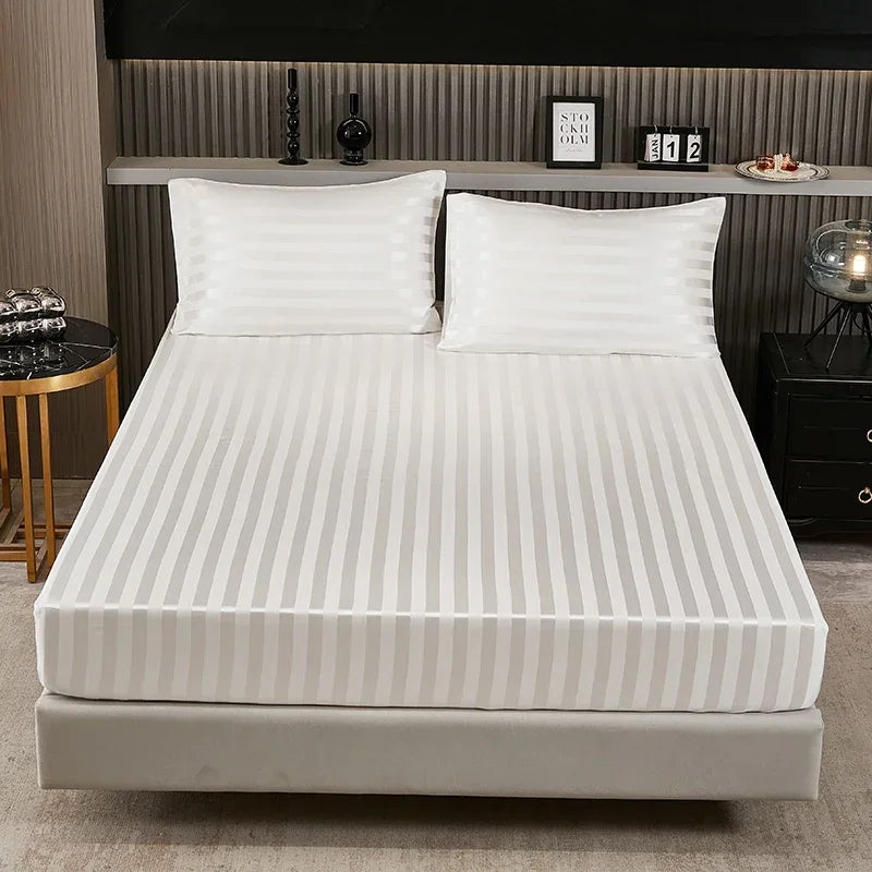 Satin-injFitted-طقم ملاءات سرير كوين، رمادي، ناعم، مبرد، جيب عميق، أطقم مفروشات، مخطط، سادة، غطاء مرتبة