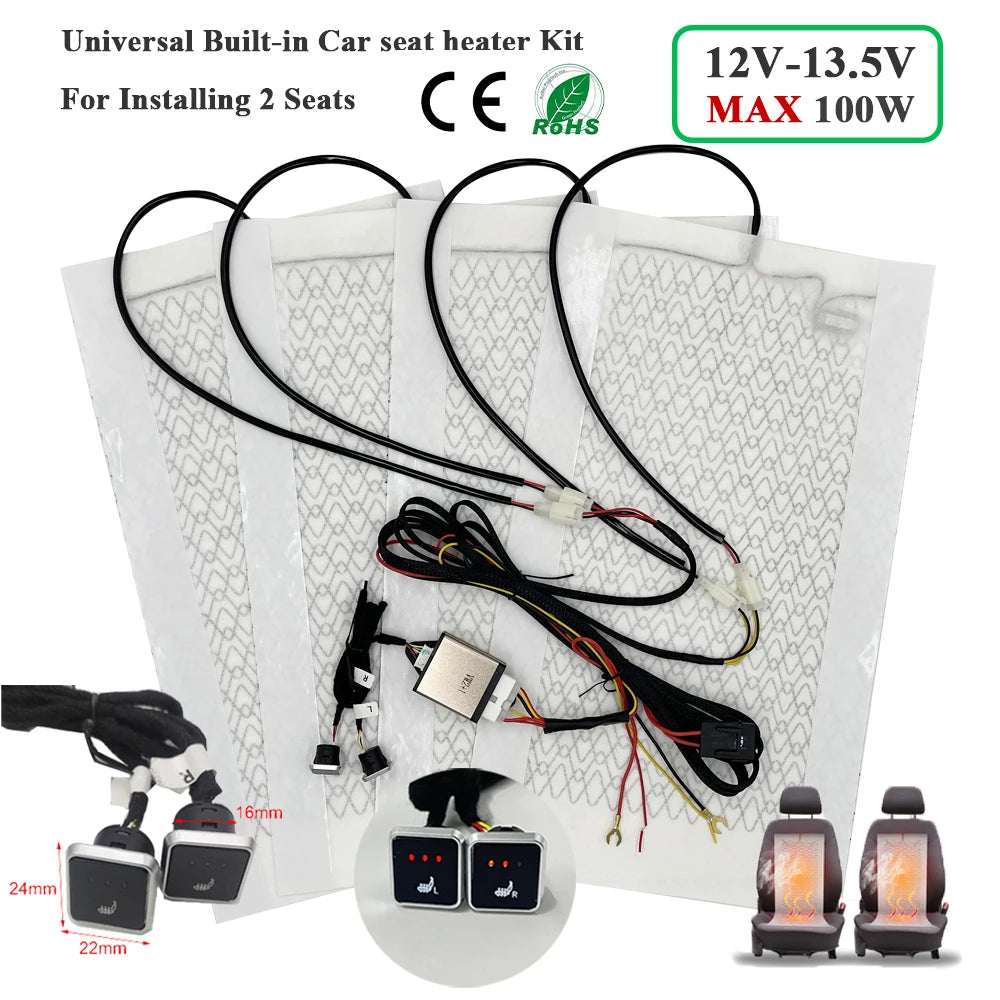 Kit de chauffage de siège de voiture intégré universel Max 100W, adapté aux 2 sièges avec coussinets chauffants en Fiber de carbone 12V, système de commutation de commande à 3 niveaux
