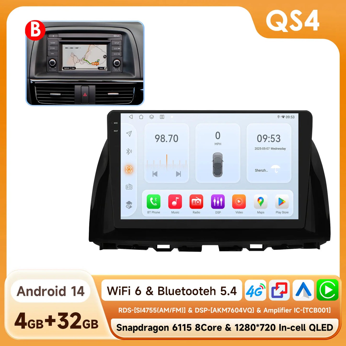 Snapdragon 8Core Android 14 autoradio pour Mazda CX5 CX-5 2012-2015 lecteur multimédia 6115 360 Cam Autoaradio Carpay Android Auto