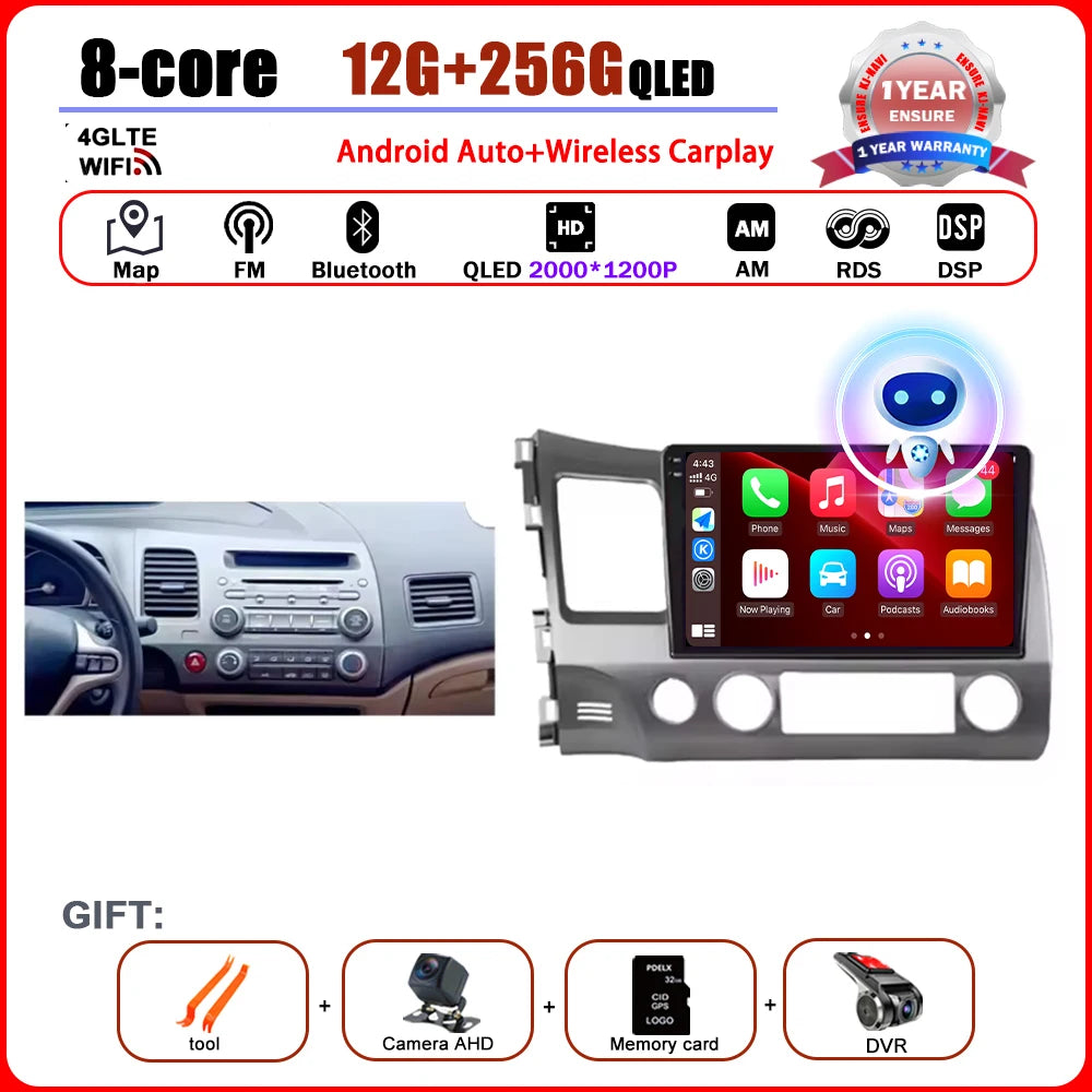 Android 15 Carplay autoradio pour Honda Civic 8 2005 - 2012 lecteur multimédia Navigation GPS 4G Audio No 2 Din 2 Din DVD