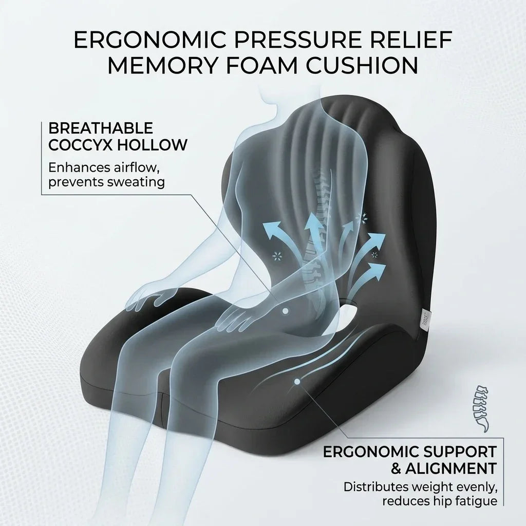 Coussin ergonomique pour le coccyx en mousse à mémoire de forme, soulagement de la douleur sciatique, correction de la posture, pour la maison, le bureau, la voiture, le fauteuil roulant