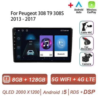 Android 15 pour Peugeot 308 T9 308S 2013 - 2017 Auto stéréo autoradio lecteur multimédia Navigation GPS 4G WIFI sans fil Carplay