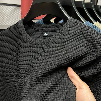 T-shirt d'été en maille et soie glacée pour hommes, manches courtes, col rond, demi-manches, fin, couleur unie, 2023