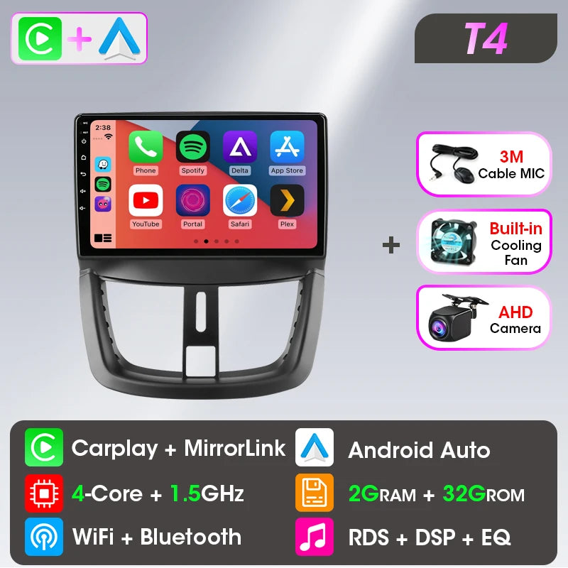 Autoradio Carplay sans fil Android pour Peugeot 207 CC 207CC 2006-2015 lecteur multimédia Navigation 2Din unité principale stéréo Auto