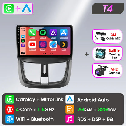 Autoradio Carplay sans fil Android pour Peugeot 207 CC 207CC 2006-2015 lecteur multimédia Navigation 2Din unité principale stéréo Auto