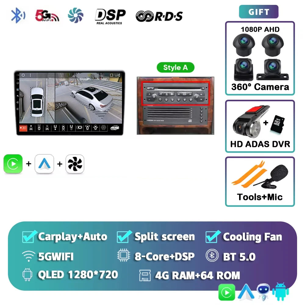 Autoradio Android 15 pour Peugeot 307 CC 307CC 307SW 2002 - 2013 sans fil Carplay Android Auto stéréo lecteur multimédia 4G 2 Din