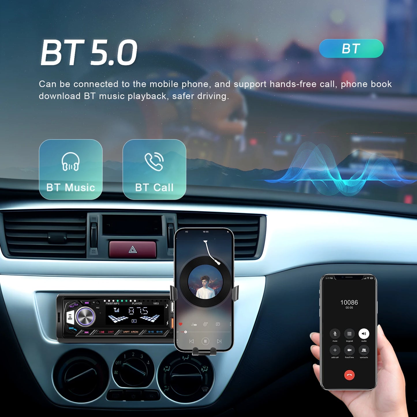 Leekooluu-Autoradio stéréo Bluetooth avec support pour téléphone, lecteur MP3, récepteur FM, prise en charge du chargement du téléphone, carte AUX, USB, TF, 1Din
