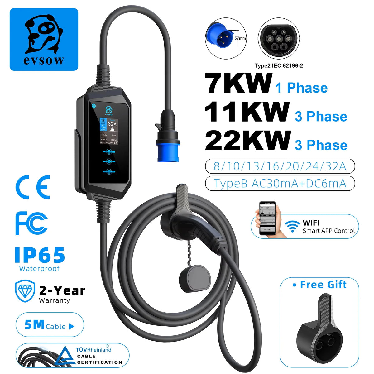 Evsow 7KW 11KW 22KW 32A3P EV chargeur Type2 IEC62196-2 chargeur de voiture électrique avec contrôle APP WIFI ajuster le courant et l'heure du chargeur de réglage