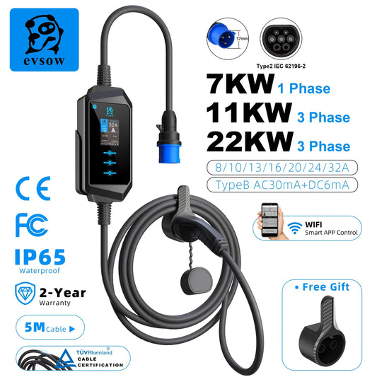 Evsow 7KW 11KW 22KW 32A3P EV chargeur Type2 IEC62196-2 chargeur de voiture électrique avec contrôle APP WIFI ajuster le courant et l'heure du chargeur de réglage