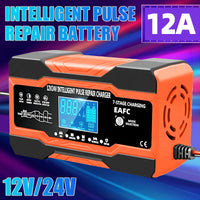 Chargeur de batterie intelligent 12V 24V 12a 10a, Charge rapide pour Batteries de voiture, Charge en 7 étapes, réparation d'impulsions pour GEL AGM humide, plomb acide