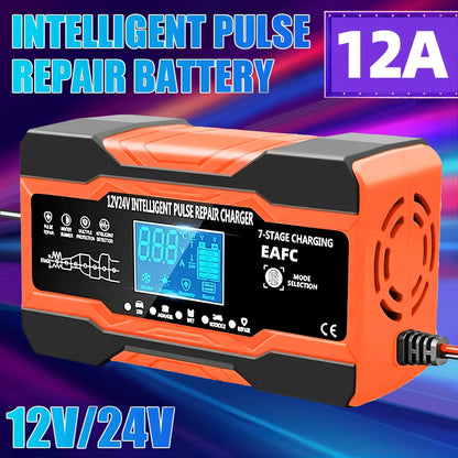 Chargeur de batterie intelligent 12V 24V 12a 10a, Charge rapide pour Batteries de voiture, Charge en 7 étapes, réparation d'impulsions pour GEL AGM humide, plomb acide
