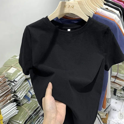 T-shirt à manches courtes en coton noir pour femmes, Version coréenne, ample, de haute qualité, col rond, nouveau Streetwear d'été