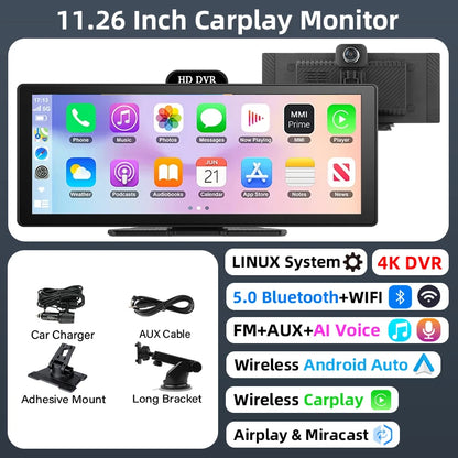 Jansite Portable 11.26 inch 4K DVR Wireless CarPlay and Android Auto Dash Cam Car Screen Video Recorder 5G WIFI Navigation