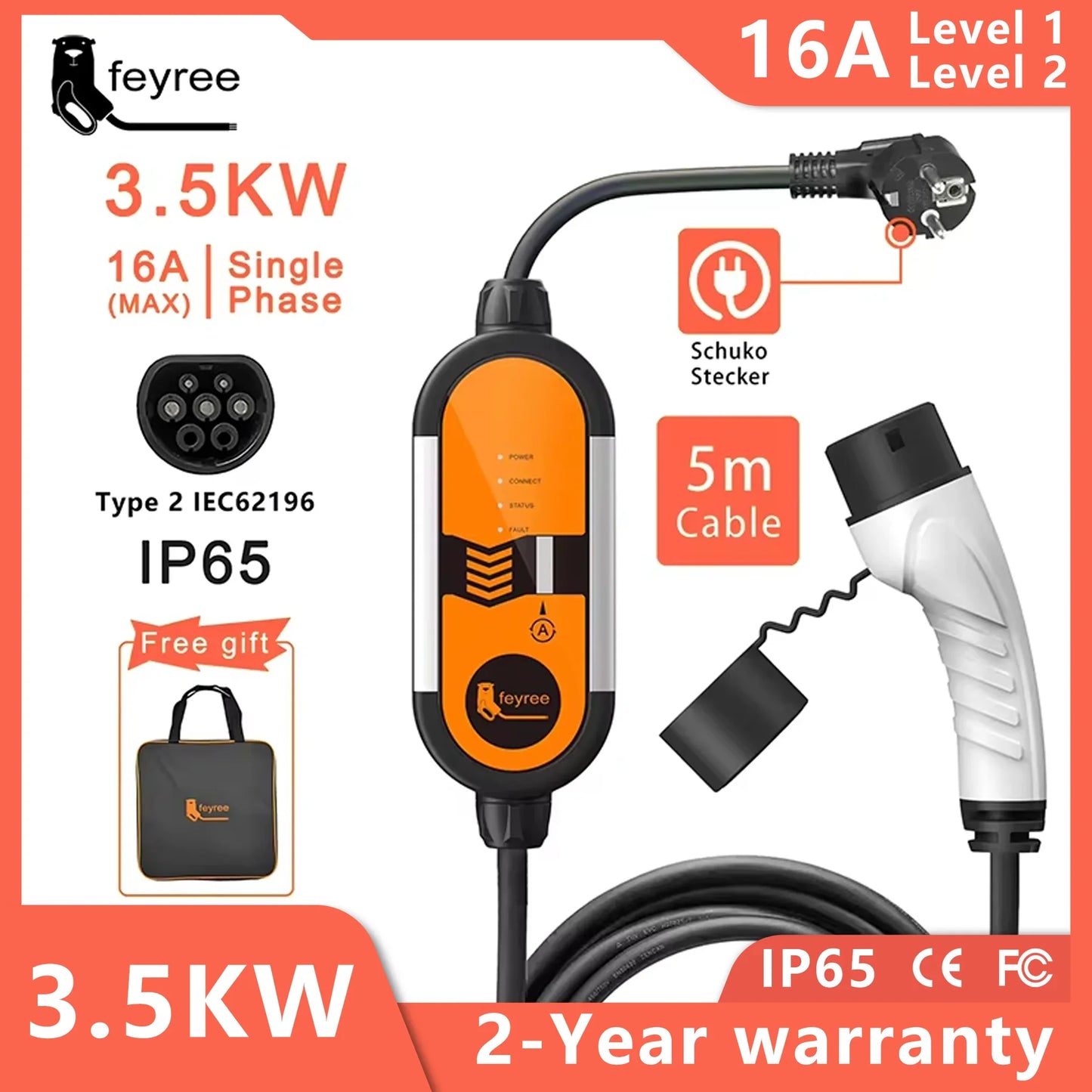 Fey123 Vope2-Chargeur de voiture électrique portable, câble de charge EVSE avec prise Schuko, courant réglable, 16A, 3,5 KW, 5m