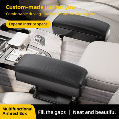 Accoudoir de siège auto - Boîte de rangement réglable pour voiture, en cuir PU motif bois, avec plaque de fixation ABS et piliers de support métalliques