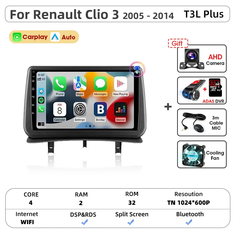 Srnubi CarPlay autoradio lecteur multimédia pour Renault Clio 3 2005 2006 2007 2008 2009 2010-2014 Android Auto GPS 2din autoradio