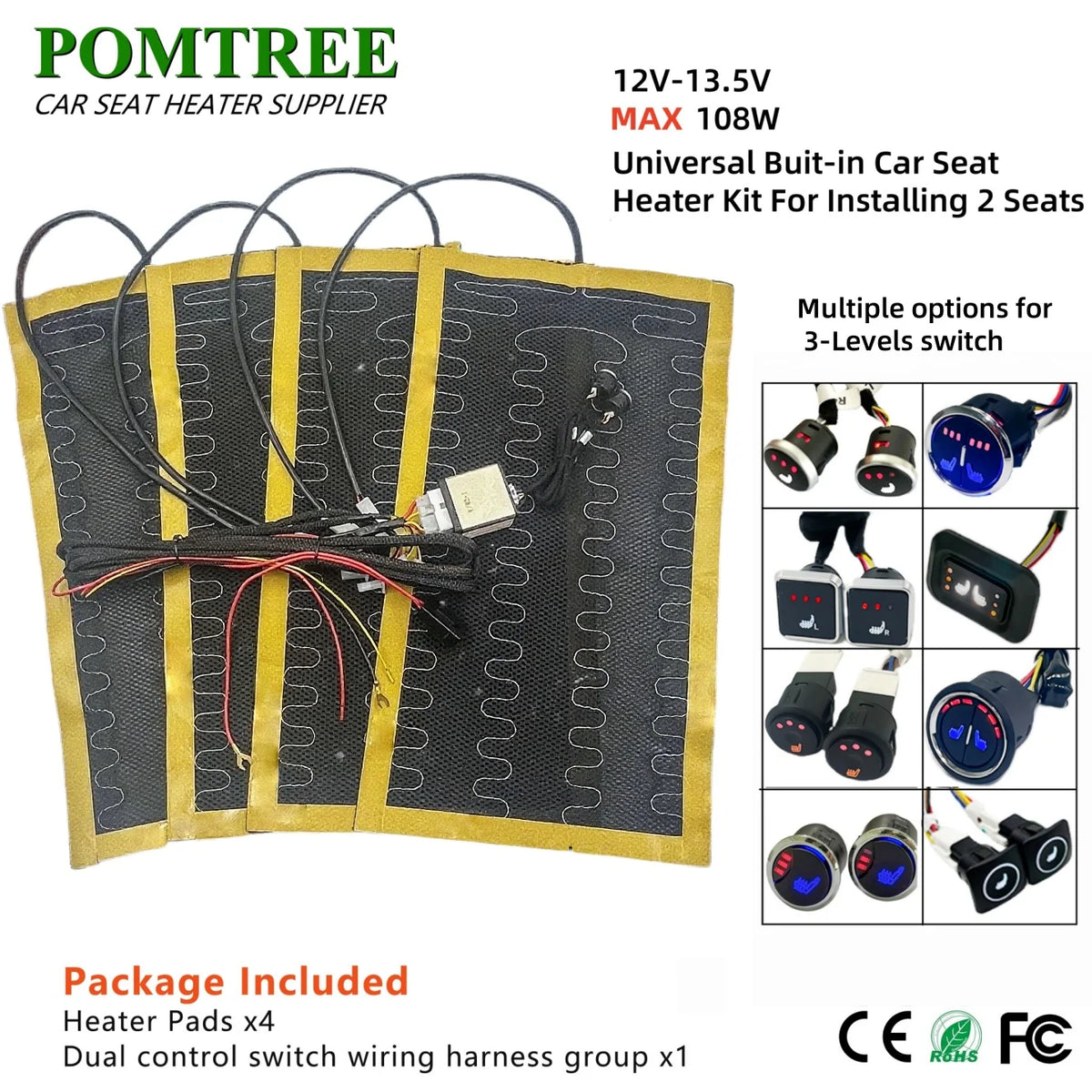 Nouveau Kit de chauffage de siège de voiture intégré adapté aux 1/2 sièges, 12V 2/4 pièces tampons chauffants universels en fil d'alliage 3 niveaux interrupteur chauffant à double commande