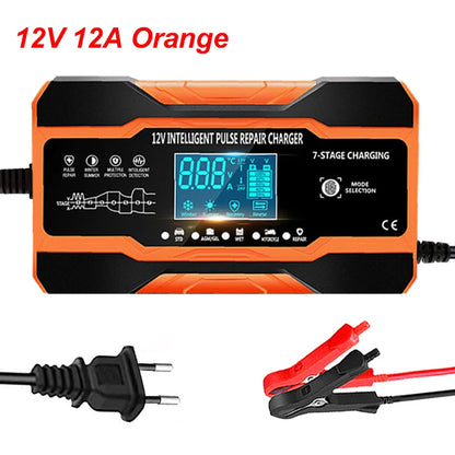 Chargeur de batterie intelligent 12V 24V 12a 10a, Charge rapide pour Batteries de voiture, Charge en 7 étapes, réparation d'impulsions pour GEL AGM humide, plomb acide