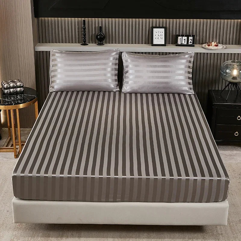Satin-injFitted-طقم ملاءات سرير كوين، رمادي، ناعم، مبرد، جيب عميق، أطقم مفروشات، مخطط، سادة، غطاء مرتبة