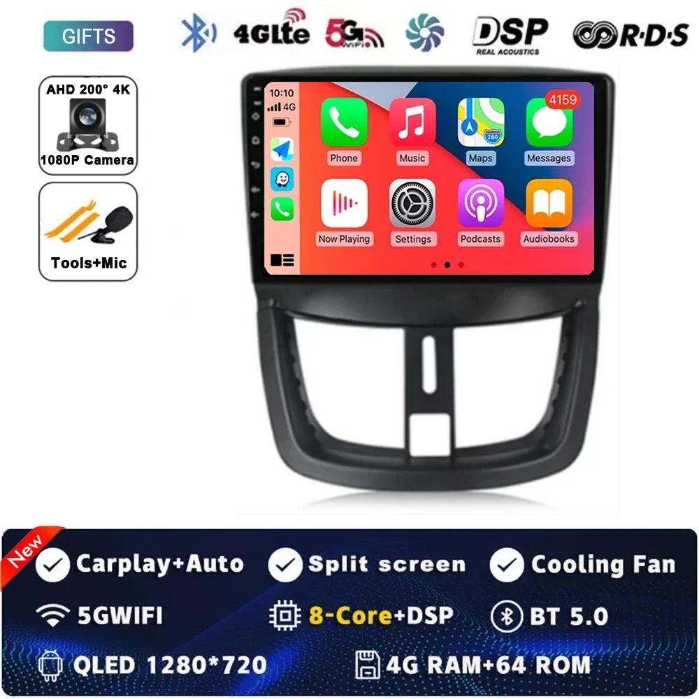 Autoradio Android 15 pour Peugeot 207 CC 207CC 2006 - 2015 sans fil Carplay Android Auto stéréo lecteur multimédia WiFi 4G 2 Din