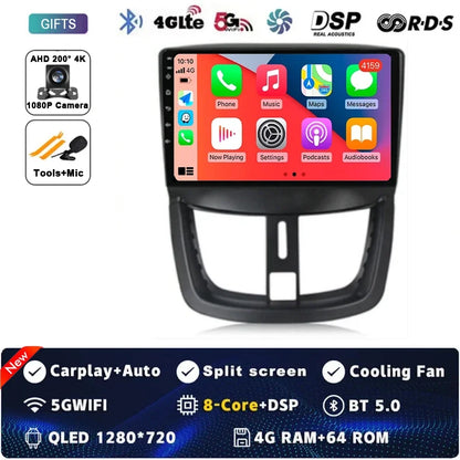 Autoradio Android 15 pour Peugeot 207 CC 207CC 2006 - 2015 sans fil Carplay Android Auto stéréo lecteur multimédia WiFi 4G 2 Din