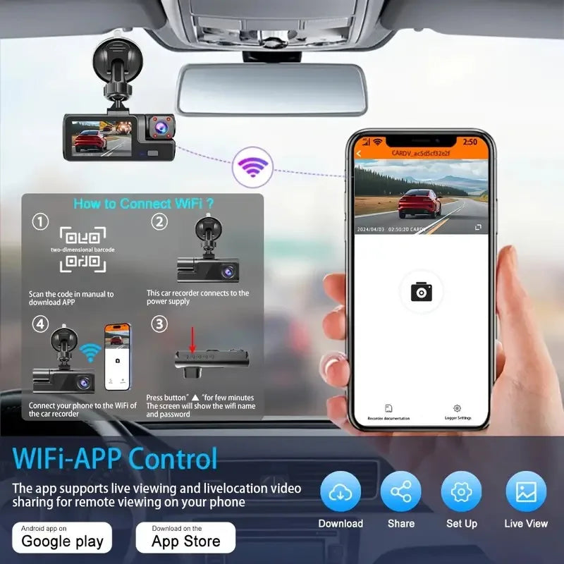 Caméra de Tableau de Bord pour Voiture, Enregistreur Vidéo 1080P, WIFI, DVR, dashcam voiture，dashcam voiture ，camera voiture，camera voitures Vue Avant et Arrière, Vision Nocturne, Boîte Noire, Accessoires, 3 Caméra