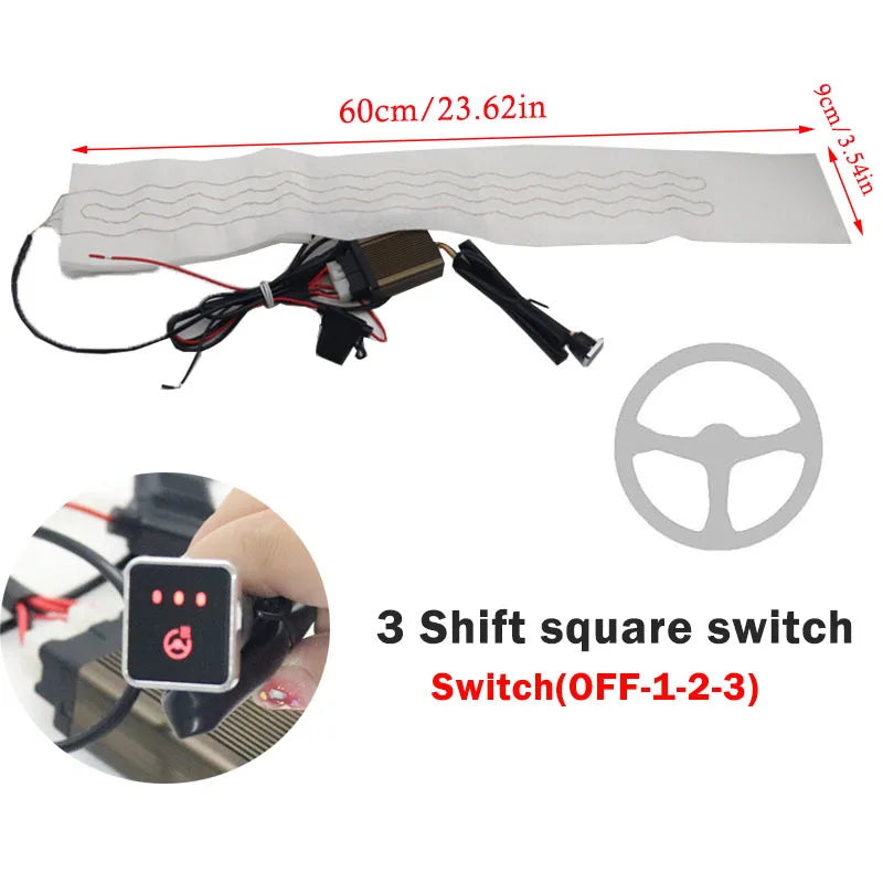 Kits de chauffage de volant de voiture en tissu floqué 12V, 4 interrupteurs, coussinets thermiques universels pour voiture, housses de volant chauffantes 60x9cm pour voitures