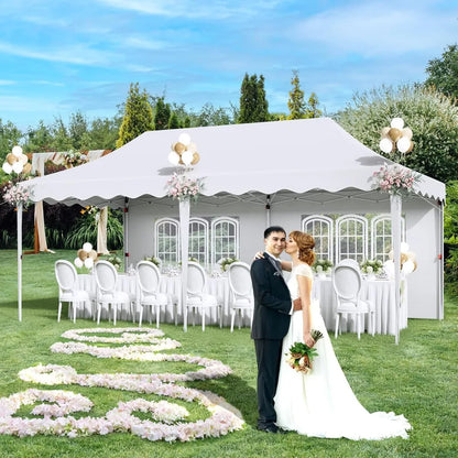 Auvent Pop up de 10 × 20 pieds, grand abri de tente instantanée commerciale pour mariage, abri solaire facile pour fête avec fenêtres et murs latéraux, transport B