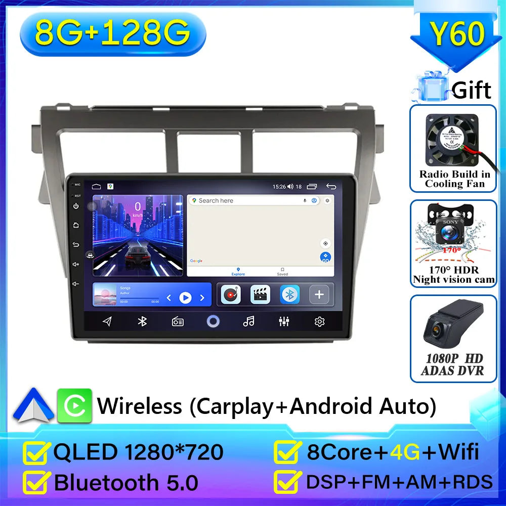 Pour Toyota VIOS Yaris 2007 2008 2009-2012 autoradio Android 15 Navigation vidéo GPS Android Auto Android 15 Carplay unité No 2din