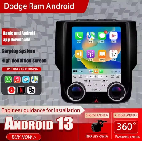 Autoradio pour Dodge Ram 2019 – 2023 1Din, écran tactile 13.6 pouces, Android Auto, Audio DSP, Bluetooth, USB, Support de commande au volant