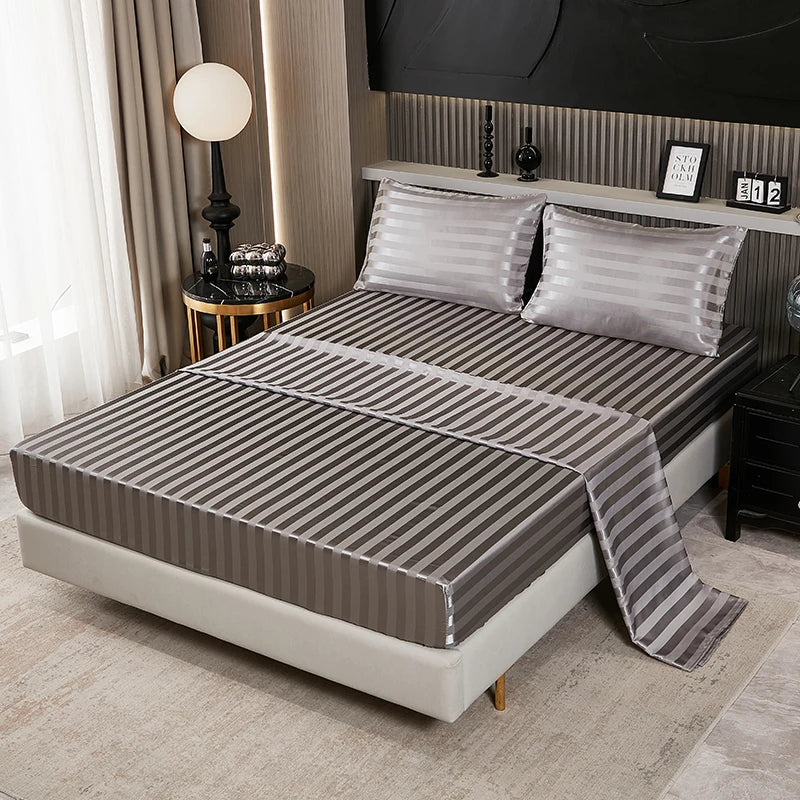 Satin-injFitted-طقم ملاءات سرير كوين، رمادي، ناعم، مبرد، جيب عميق، أطقم مفروشات، مخطط، سادة، غطاء مرتبة