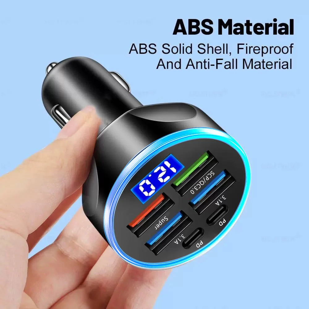 Chargeur de voiture à charge rapide, 66-250W, PD, QC3.0, une à six voitures, prise allume-cigare Laguna, charge flash avec affichage numérique