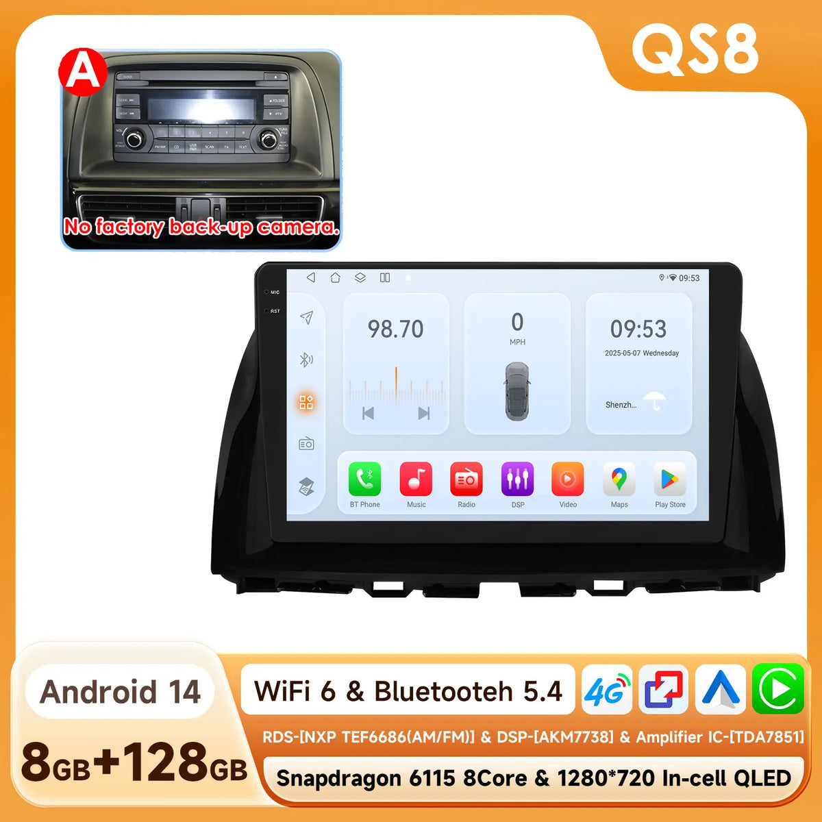 Snapdragon 8Core Android 14 autoradio pour Mazda CX5 CX-5 2012-2015 lecteur multimédia 6115 360 Cam Autoaradio Carpay Android Auto