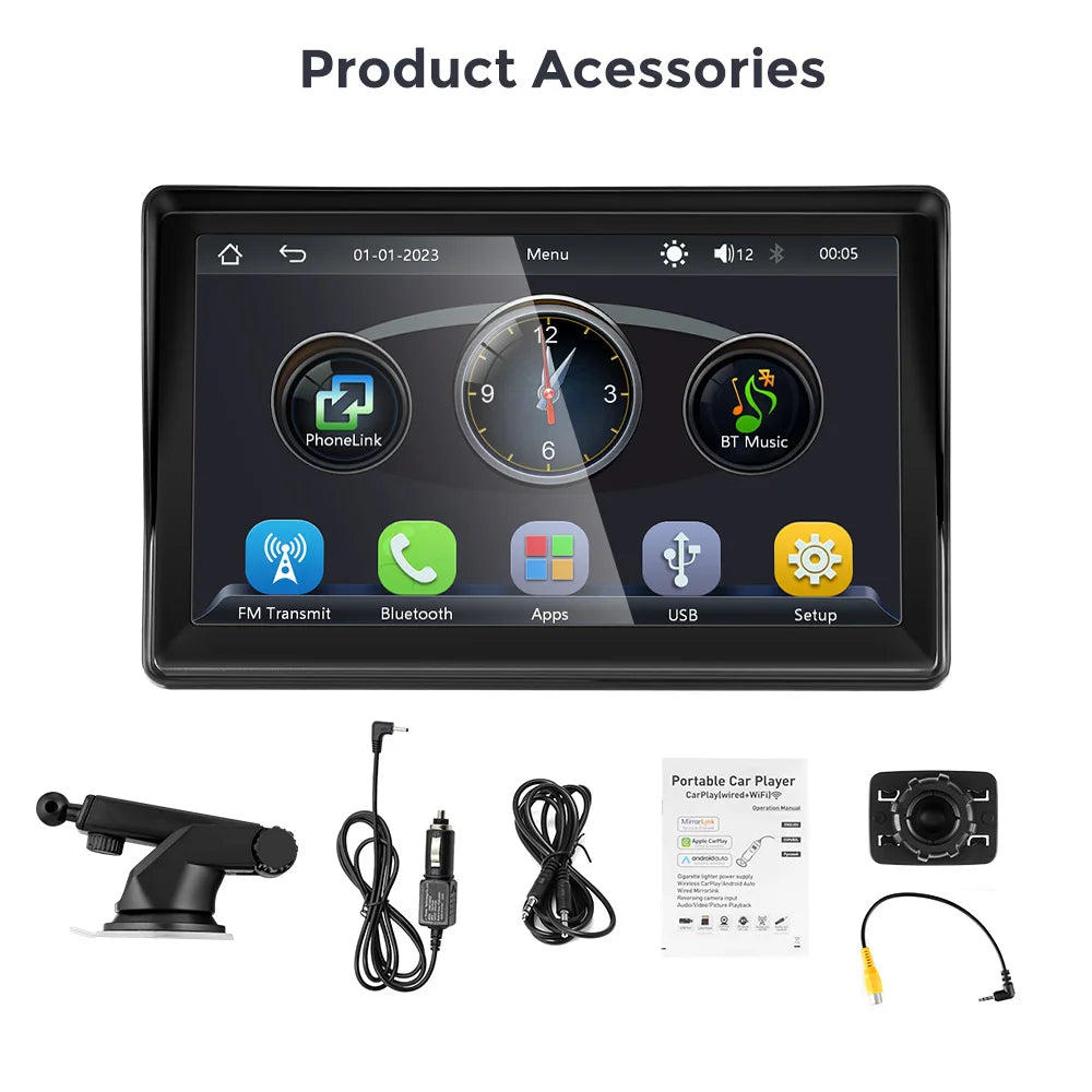 Autoradio sans fil portable avec caméra de recul FM, lecteur vidéo, Android Auto, écran tactile universel, limitation, 7