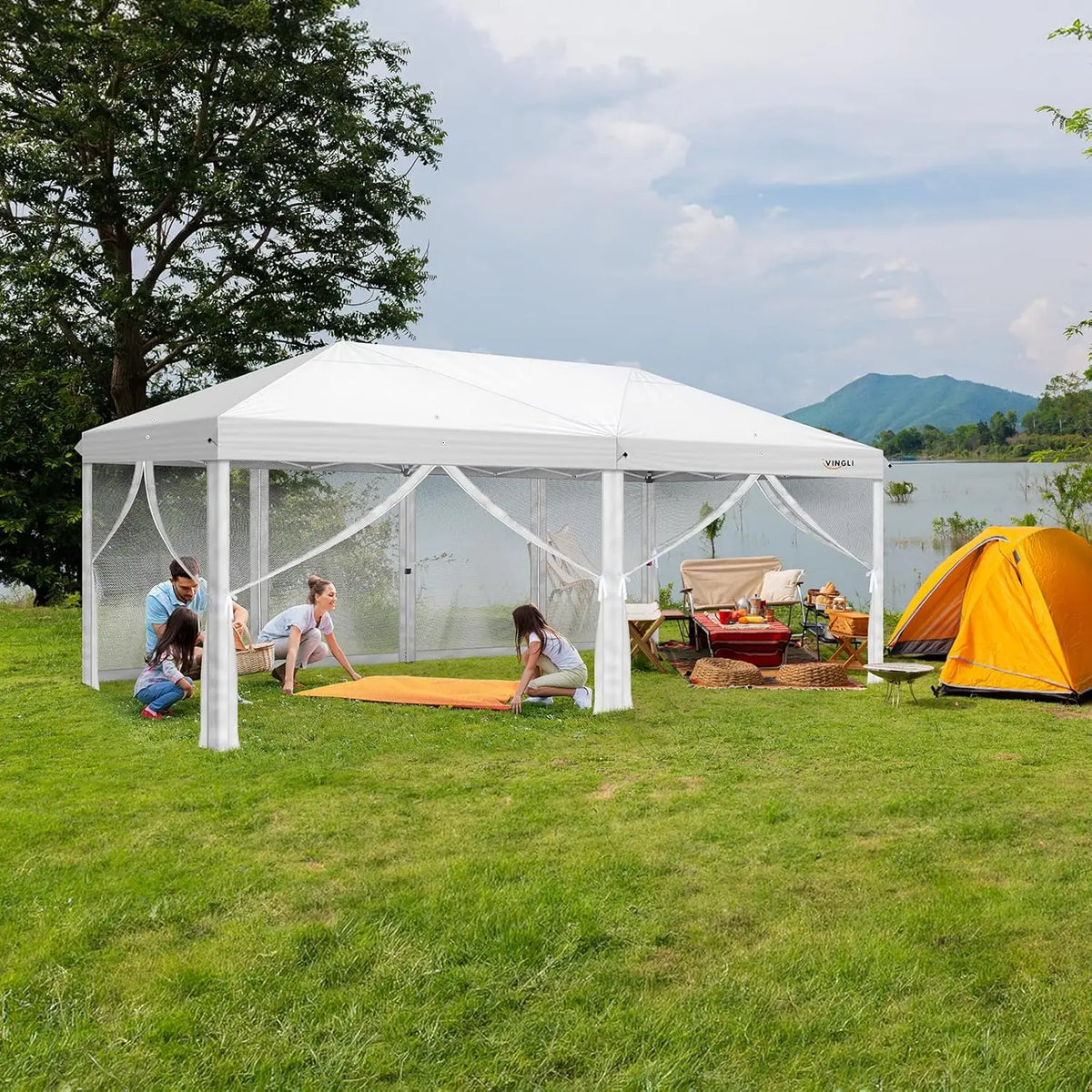 Tonnelle escamotable 10x20 avec parois latérales, sac de transport, tente facile à monter avec moustiquaires, gazebo zippé pour le camping, tonnelle zippée
