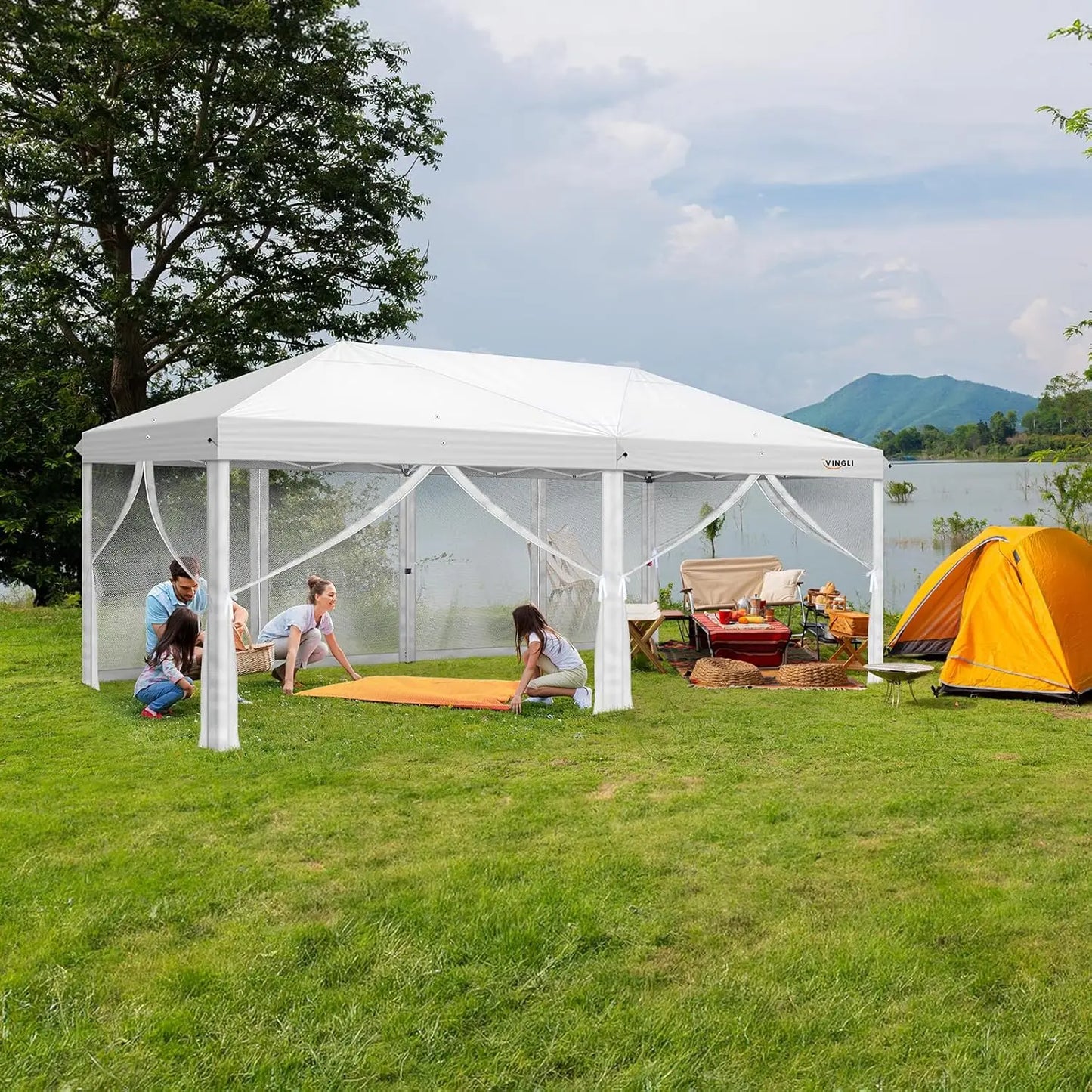 Tonnelle escamotable 10x20 avec parois latérales, sac de transport, tente facile à monter avec moustiquaires, gazebo zippé pour le camping, tonnelle zippée