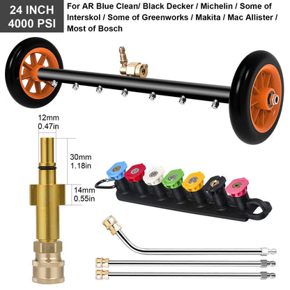 Nettoyeur de surface sous châssis de 24 pouces pour nettoyeur haute pression, balai à eau pour lavage de châssis de voiture, connecteur rapide 1/4 pouce, compatible Karcher Sun Joe