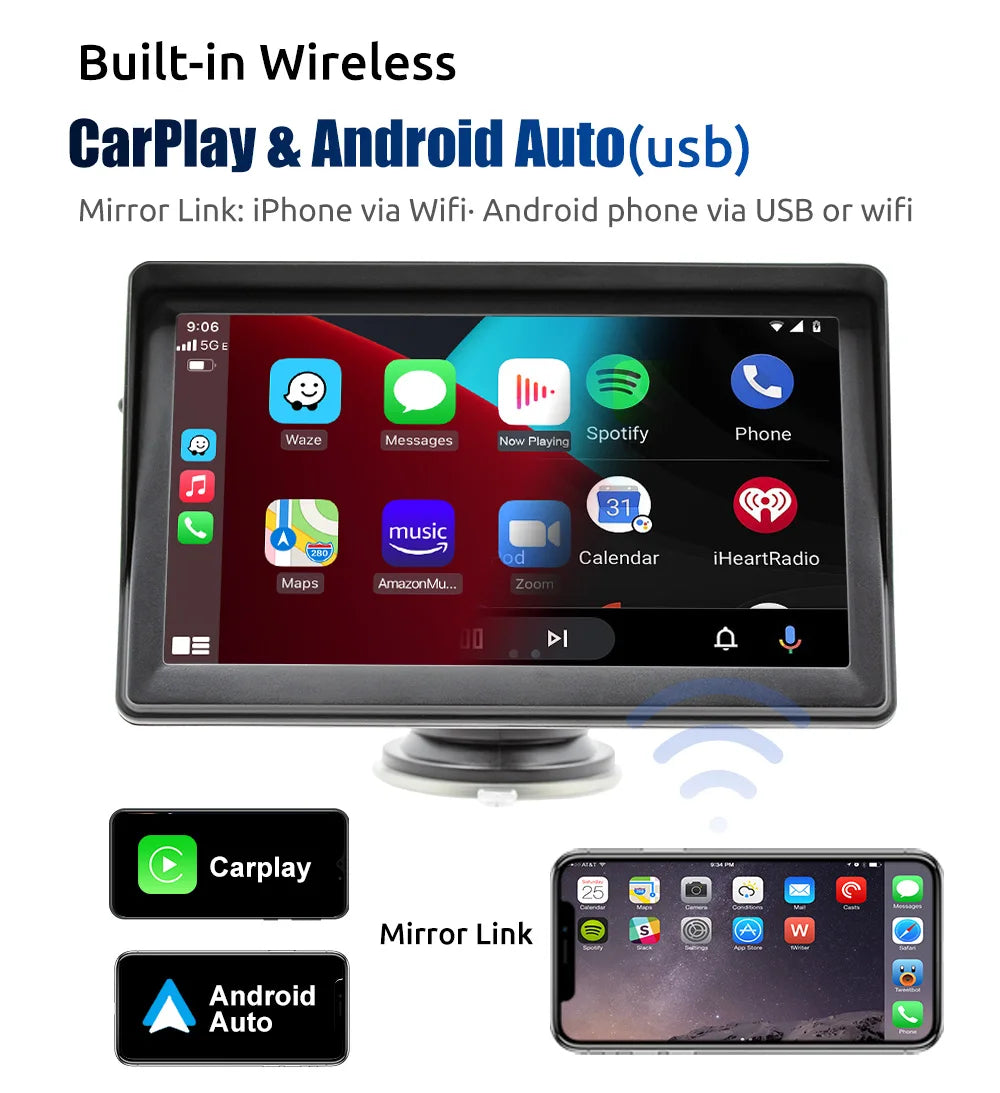 Autoradio Portable lecteur vidéo multimédia sans fil CarPlay Android Auto écran tactile 7 pouces avec AUX FM pour caméra de recul ﻿