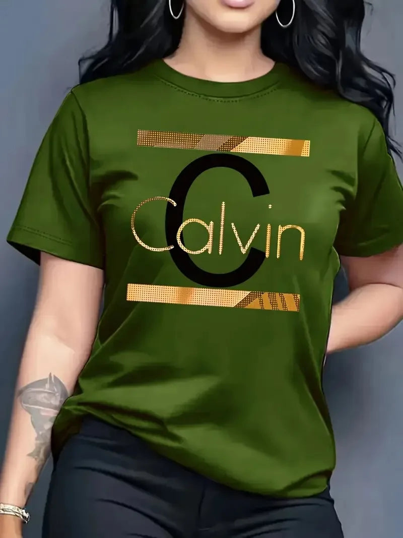 Offre spéciale femmes mode d'été décontracté Calvin lettre motif imprimé col rond manches courtes vêtements de sport T-shirt y2k vêtements