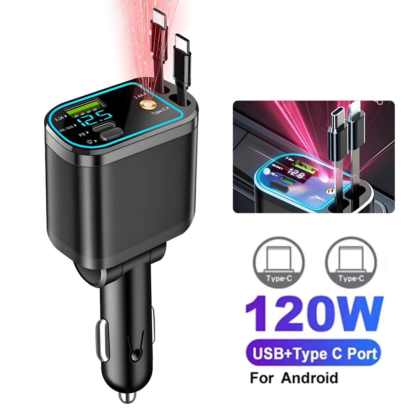 Chargeur de voiture 5 en 1 150W, affichage de la tension PD30W, charge Super rapide 22.5W avec câble rétractable pour IPhone Xiaomi Samsung