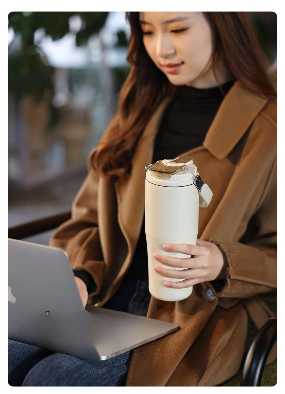 Gobelet à revêtement en céramique de 800ml, avec paille, bouteille d'eau isolée de grande capacité, étanche, poignée détachable, infuseur à thé pour voyage